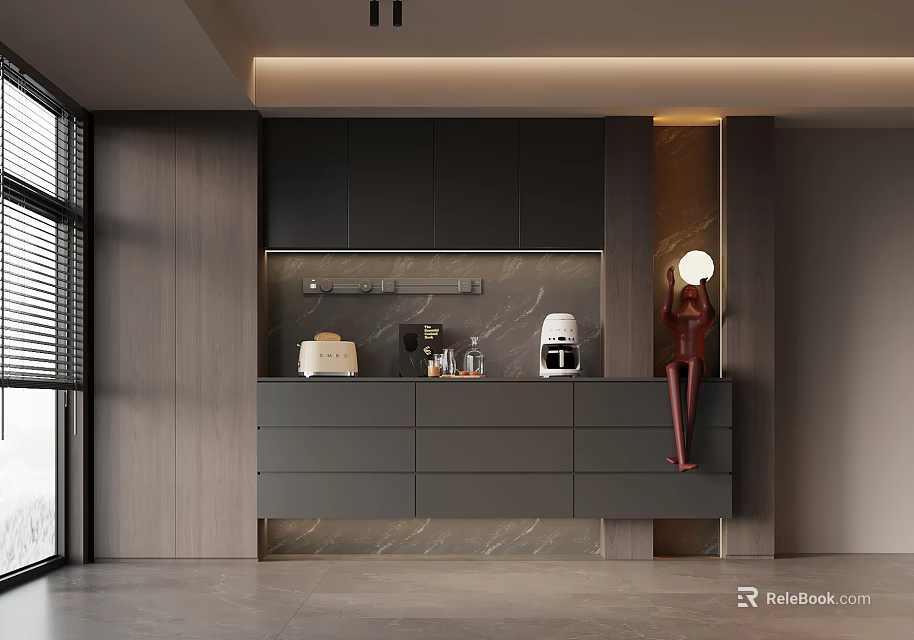 Modern Open Kitchen Interior Design With Stylish Wine Cabinet And Marble Countertop 3d model 