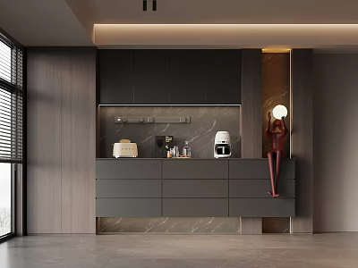 Modern Open Kitchen Interior Design With Stylish Wine Cabinet And Marble Countertop 3d model