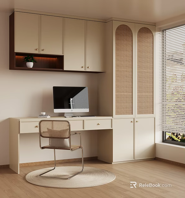 Modern Home Office White Desk And Rattan Chair With Computer Cabinet And Natural Light 3d model 