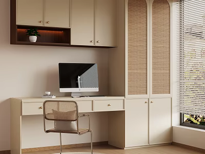 Modern Home Office White Desk And Rattan Chair With Computer Cabinet And Natural Light 3d model