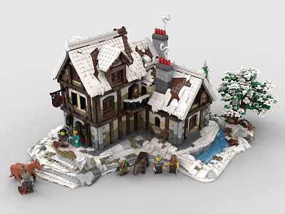 Snowy Building Blocks House with Snow Covered Roof Chimney Tree Pond Mini Figures Animals 3d model