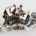 Snowy Building Blocks House with Snow Covered Roof Chimney Tree Pond Mini Figures Animals