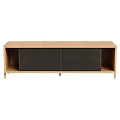 Sleek Modern Wooden TV Stand With Black Mesh Doors And Open Storage Shelves