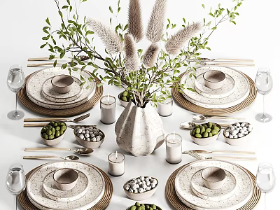 Elegant Decorative Ornament Set With Ceramic Plates Vase Green Leaves And Dried Pampas Grass 3d model