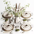 Elegant Decorative Ornament Set With Ceramic Plates Vase Green Leaves And Dried Pampas Grass