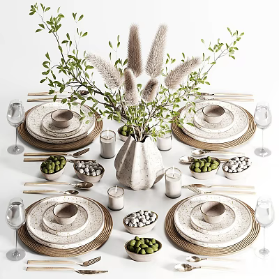 Elegant Decorative Ornament Set With Ceramic Plates Vase Green Leaves And Dried Pampas Grass 3d model