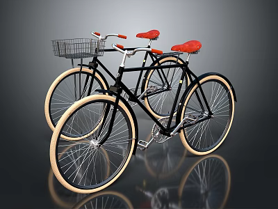 Vintage Black Bicycles With Red Seats Front Basket And Large Light Colored Tires 3d model