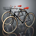 Vintage Black Bicycles With Red Seats Front Basket And Large Light Colored Tires