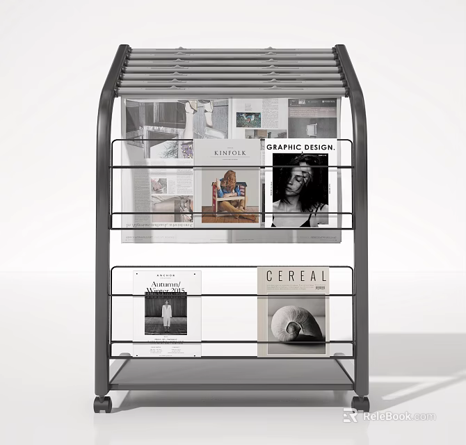 Modern Metal Frame Bookcase With Multiple Shelves And Design Magazines 3d model 
