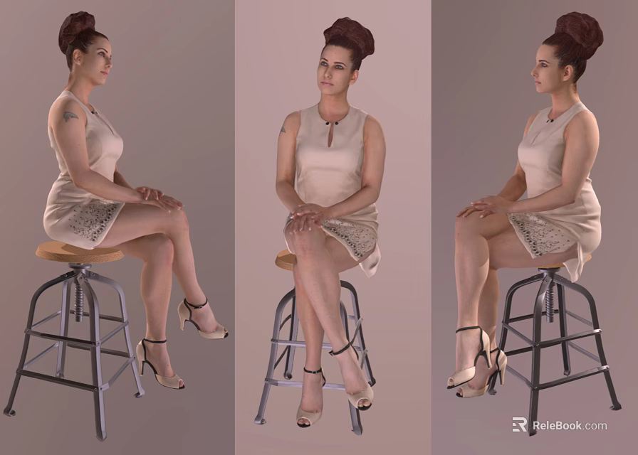 Woman Posing On Stool In Light Colored Dress With Lace Details High Heels Different Angles 3d model 
