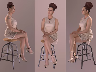 Woman Posing On Stool In Light Colored Dress With Lace Details High Heels Different Angles 3d model