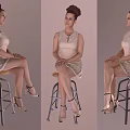 Woman Posing On Stool In Light Colored Dress With Lace Details High Heels Different Angles