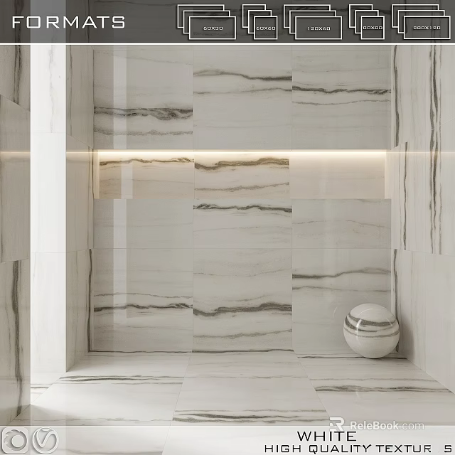 Elegant Marble Wall Tiles Interior Design With Recessed Lighting And Decorative Sphere 3d model 