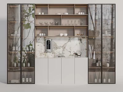 Modern Elegant Wine Cabinet With Glass Doors Marble Countertop Wine Bottles And Glasses Storage 3d model