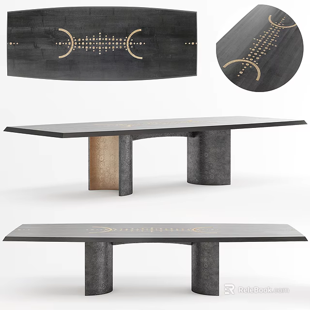 Unique Black Dining Table With Gold Decorative Patterns And Stylish Metallic Base Design 3d model 