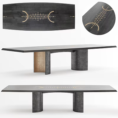 Unique Black Dining Table With Gold Decorative Patterns And Stylish Metallic Base Design 3d model