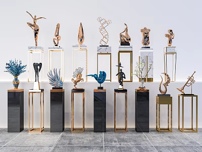 Various Decorative Pedestals with Black and Gold Frames Displaying Sculptures Vases and Plant Decorations 3d model