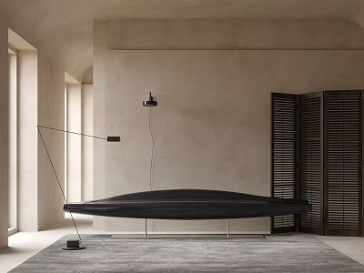 Minimalist Multi Seater Sofa In Modern Room With Floor Lamp And Sliding Shutters 3d model