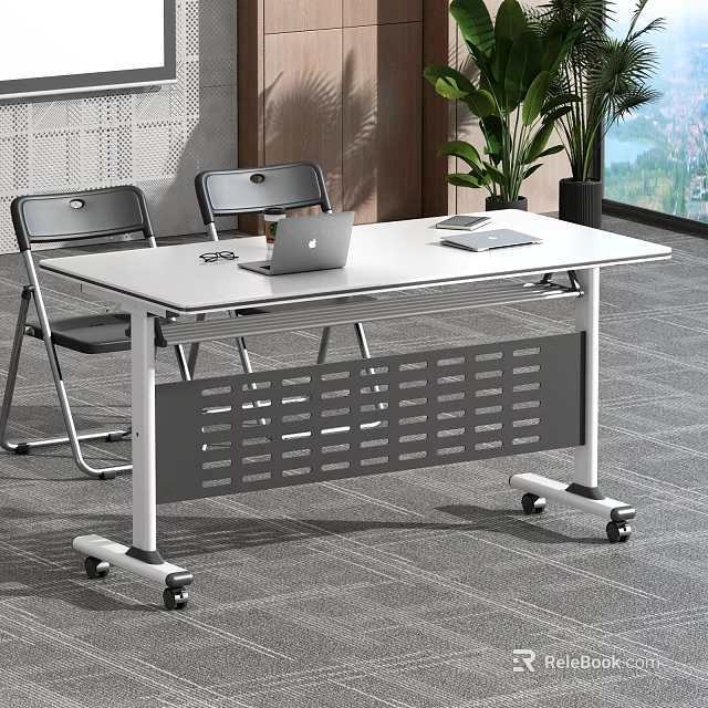 White Office Desk with Wheels Laptop Glasses Papers Two Black Chairs Near Plants Window View 3d model 