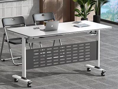 White Office Desk with Wheels Laptop Glasses Papers Two Black Chairs Near Plants Window View 3d model