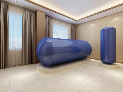 Blue Oval And Cylindrical Industrial Equipment In Indoor Space With Windows And Light Tiled Floor 3d model