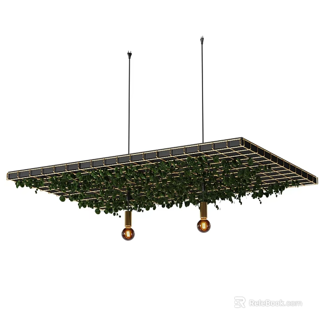 Decorative Ceiling With Grid Structure Green Vines And Hanging Pendant Lights 3d model