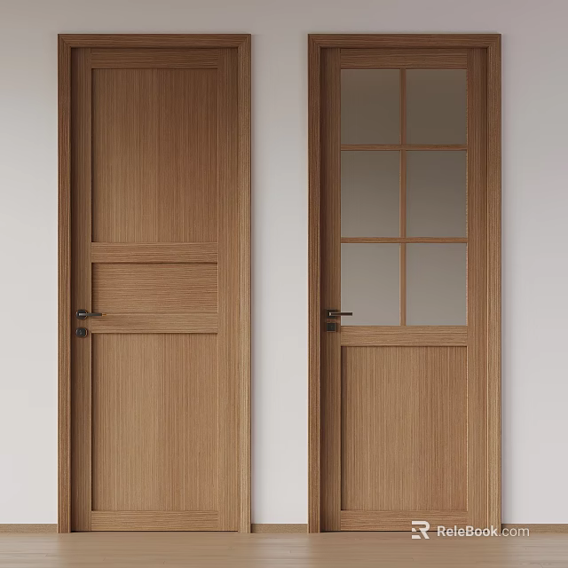 Two Wooden Hinged Doors Solid Panel And Six Glass Panes Upper Light Wood Finish White Wall 3d model 
