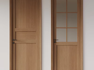 Two Wooden Hinged Doors Solid Panel And Six Glass Panes Upper Light Wood Finish White Wall 3d model