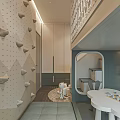 Kids Room Interior With Bunk Bed Staircase Polka Dot Walls Table Chairs And Robot Toy