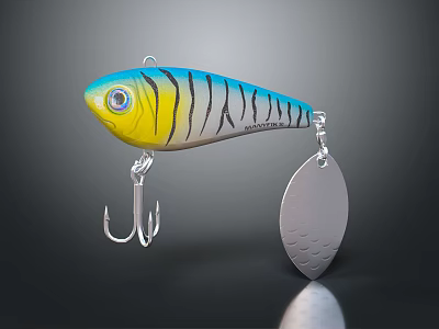 Colorful Yellow Blue Black Striped Fishing Lure Hard Bait With Hooks And Spinner Blade 3d model