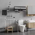 Modern Bathroom Interior Featuring White Toilet With Water Heater Towel Rack Sink And Cabinet