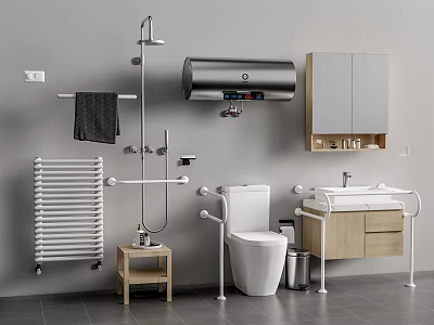 Modern Bathroom Interior Featuring White Toilet With Water Heater Towel Rack Sink And Cabinet 3d model