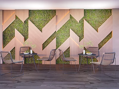 Geometric Wooden Moss Wall Floral Art Installation with Metal Tables and Small Potted Plants 3d model