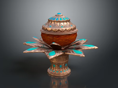 Ornate Copper Decorative Urn With Turquoise Inlay Lid And Petal Shaped Base 3d model
