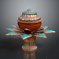 Ornate Copper Decorative Urn With Turquoise Inlay Lid And Petal Shaped Base