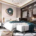 Elegant Modern Bedroom Interior With White Bed Blue Blanket Round Mirror And Chandelier