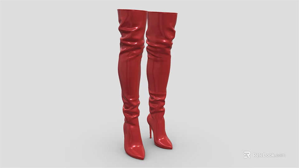 Red Shiny Over The Knee Boots With Stiletto Heels And Pointed Toe 3d model 