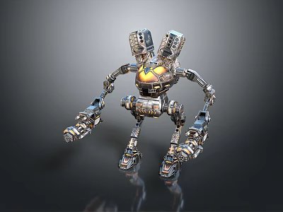 Detailed Mechanical Robot Creature Character With Metallic Body Joints And Golden Luminous Core 3d model