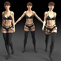 Three Women in Black Lingerie Stockings Back View Standing in a Row Middle Spreading Arms