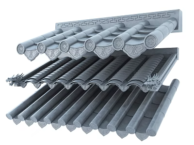 Traditional Chinese Roof Components With Dragon Decorations And Gray Tiles 3d model