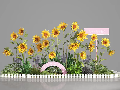 Floral Display With Sunflowers Pink Arch White Picket Fence And Green Plants 3d model
