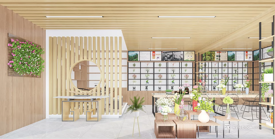 Specialty Store Interior Featuring Wooden Ceiling Slat Partition Circular Mirror Display Shelves And Green Plants 3d model 