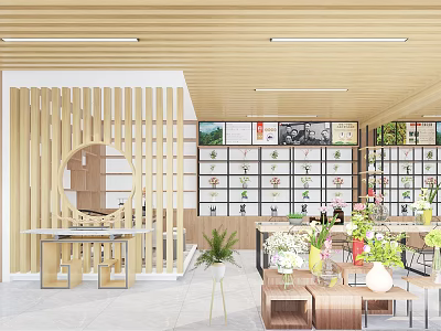 Specialty Store Interior Featuring Wooden Ceiling Slat Partition Circular Mirror Display Shelves And Green Plants 3d model