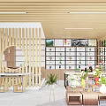 Specialty Store Interior Featuring Wooden Ceiling Slat Partition Circular Mirror Display Shelves And Green Plants