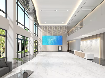 Elegant Modern Reception Desk In Spacious Bright Lobby With Large Windows Marble Floor And Green Plants 3d model