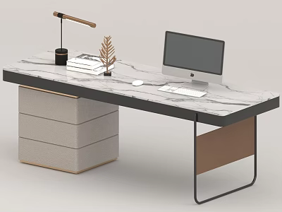 Modern Office Desk With Marble Top Drawer Cabinet Computer Monitor Lamp And Decorative Plant 3d model