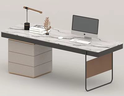 Modern Office Desk With Marble Top Drawer Cabinet Computer Monitor Lamp And Decorative Plant 3d model