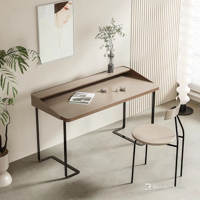 Modern Brown Desk With Open Magazine Small Decor Items Light Colored Chair And Potted Plant 3d model 