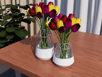 White Metal Framed Vases with Red Yellow Purple Tulips on Wooden Table and Green Plants 3d model