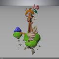 Vibrant Orange Character And Flower Creature On Green Floating Island Grass With Rocks